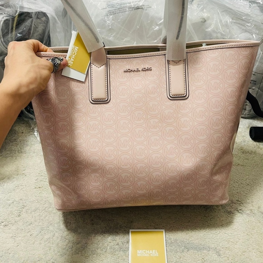 NWT Michael Kors Jodie Large Logo Jacquard Shopper Tote Bag In Powder Blush - Picture 4 of 12